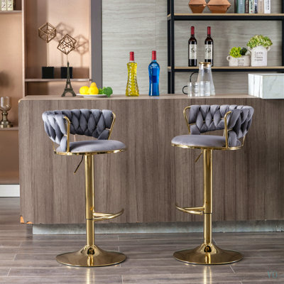Ensemble de 2 tabourets de bar, avec repose-pieds chromé et base pivotante à hauteur réglable en velours + tabouret de bar simple