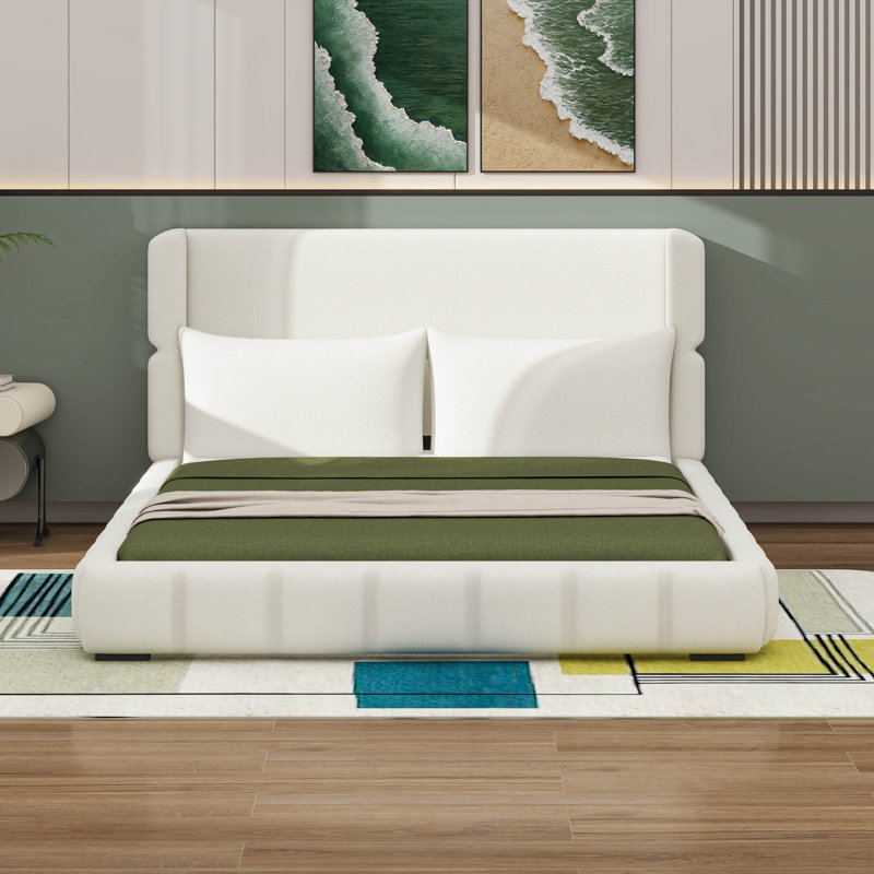 Lit plateforme tapissier avec 2 coussins, Blanc, Grand lit
