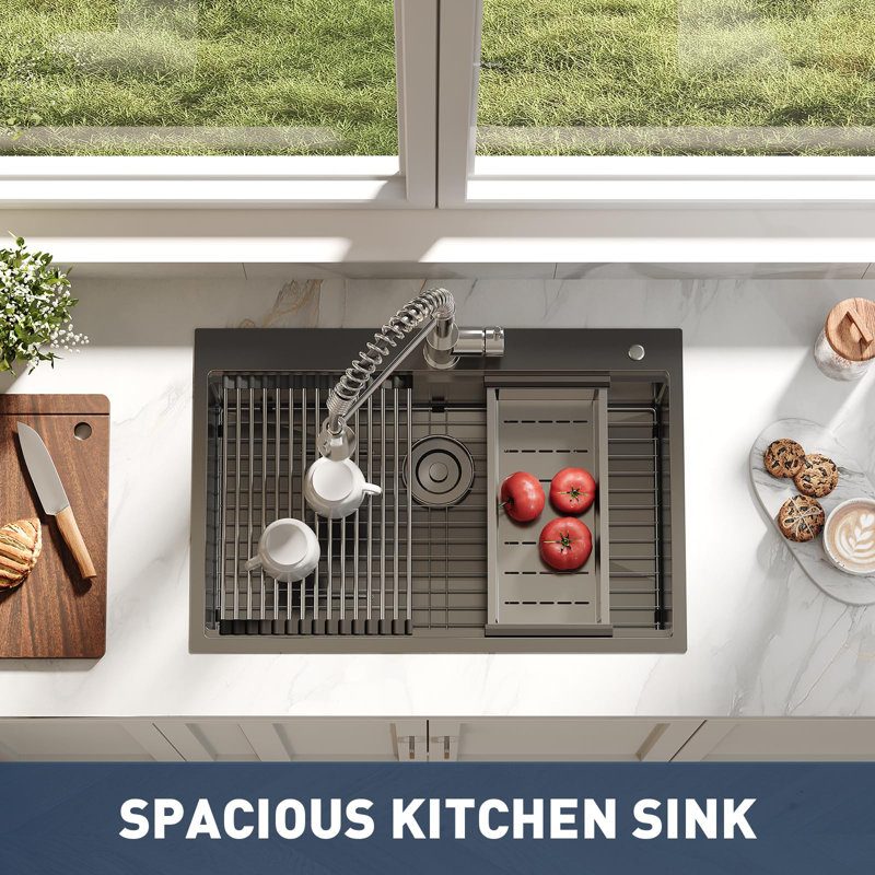 33 x 22 x 9 Inch Drop-In Kitchen Sink, Single Bowl Topmount w/ Pull-Out Faucet, Cutting Board, Dish/Drying Rack, Black