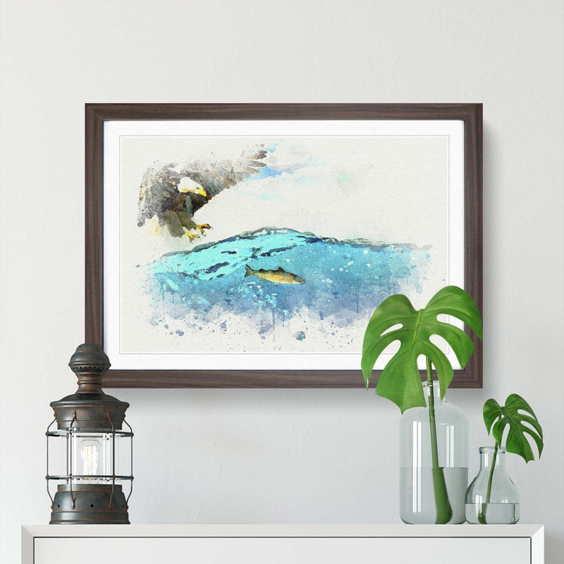 Eagle Hunting for Fish - Picture Frame Graphic Art Print, Walnut Framed, 48cm H x 65cm W x 2cm D