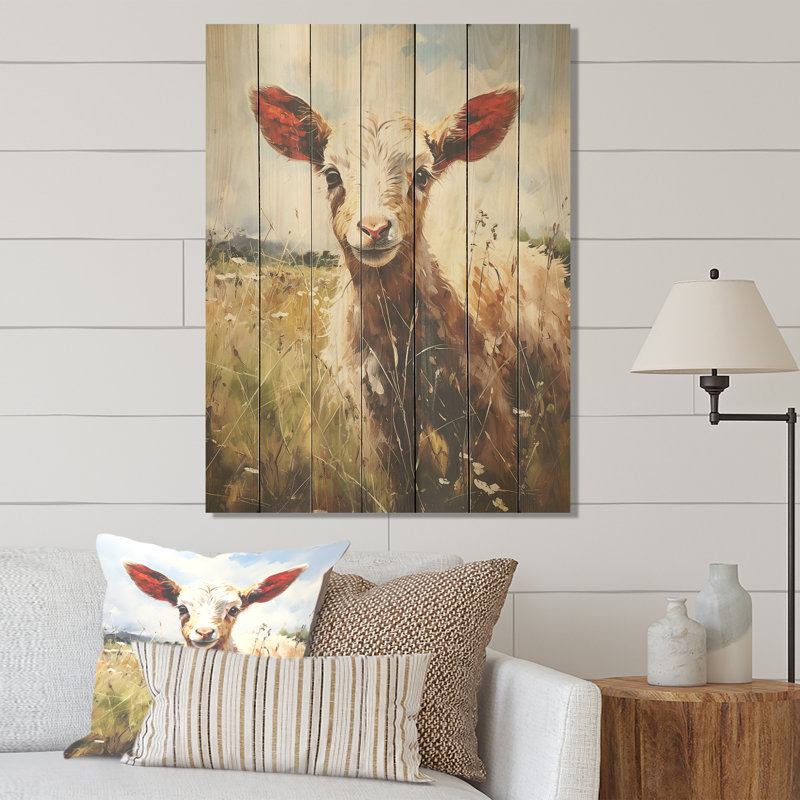 Brown Goat Farm Meadow I - Goat Animal On Wood Print, 40" H x 30" W