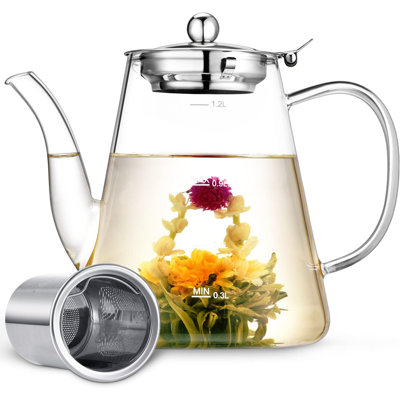 Théière en verre, théière de 1 200 ml (40 oz) avec infuseur pour thé en vrac et thé en fleurs, bouilloire sécuritaire pour cuisinière, machine à thé en verre borosilicaté fabriquée à la main avec échelle, ensemble de cadeaux pour les amateur