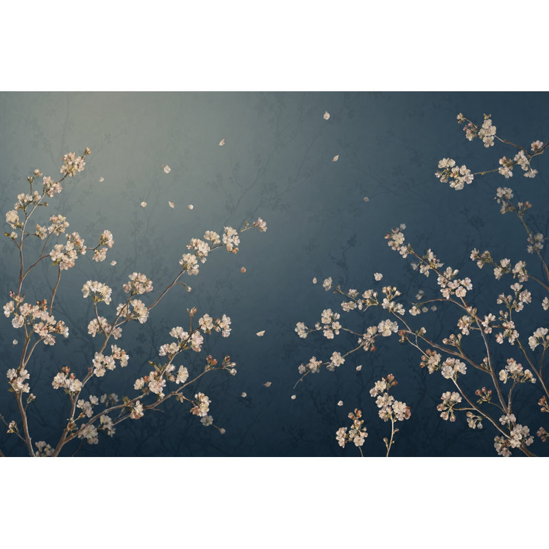 Murale de fleurs de cerisier en fleurs sur fond bleu marine, 200"x120", Peel and Stick