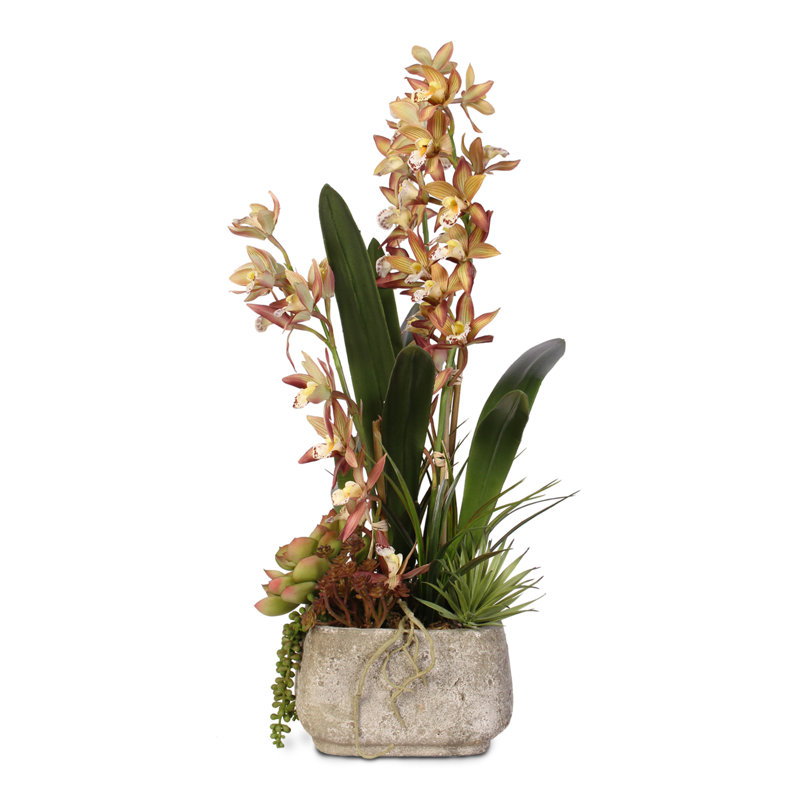 Faux Flowering Plant in Cement Pot