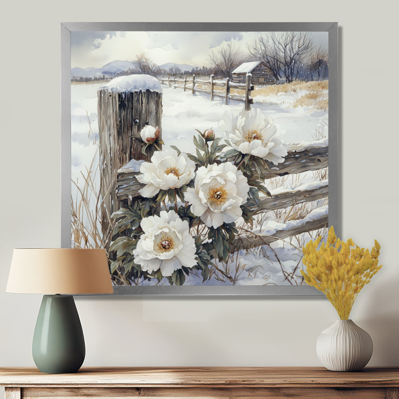 Demartino pivoines par la clôture enneigée I - pivoines, art mural, H 16 po x l 16 po, Picture Framed Print, Argent argent