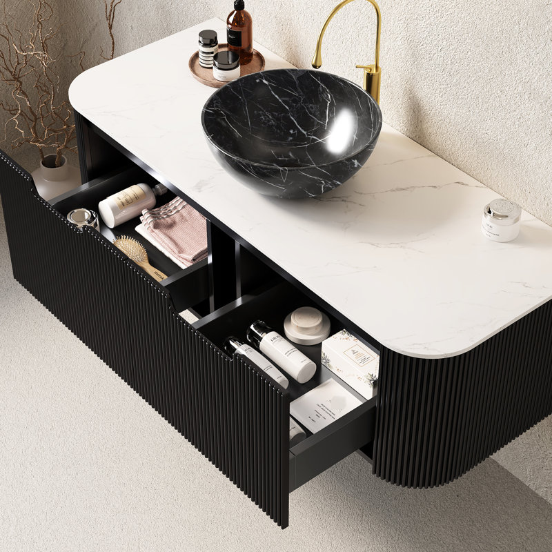 Meuble-lavabo de 48 po avec lavabo, meuble de rangement, lavabo en céramique noire, motif en pierre, rangement haute résistance de 48 po, bol rayé en 3D, préinstallé, fonctionnement silencieux du tiroir