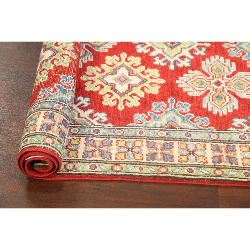 Tapis rouge / beige / vert en laine noué à la main à motif géométrique 3 pi 2 po x 5 pi
