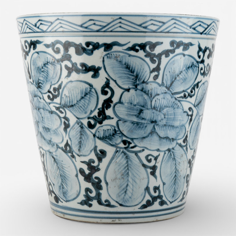 Pot en porcelaine à finition antique fleur bleue et feuille