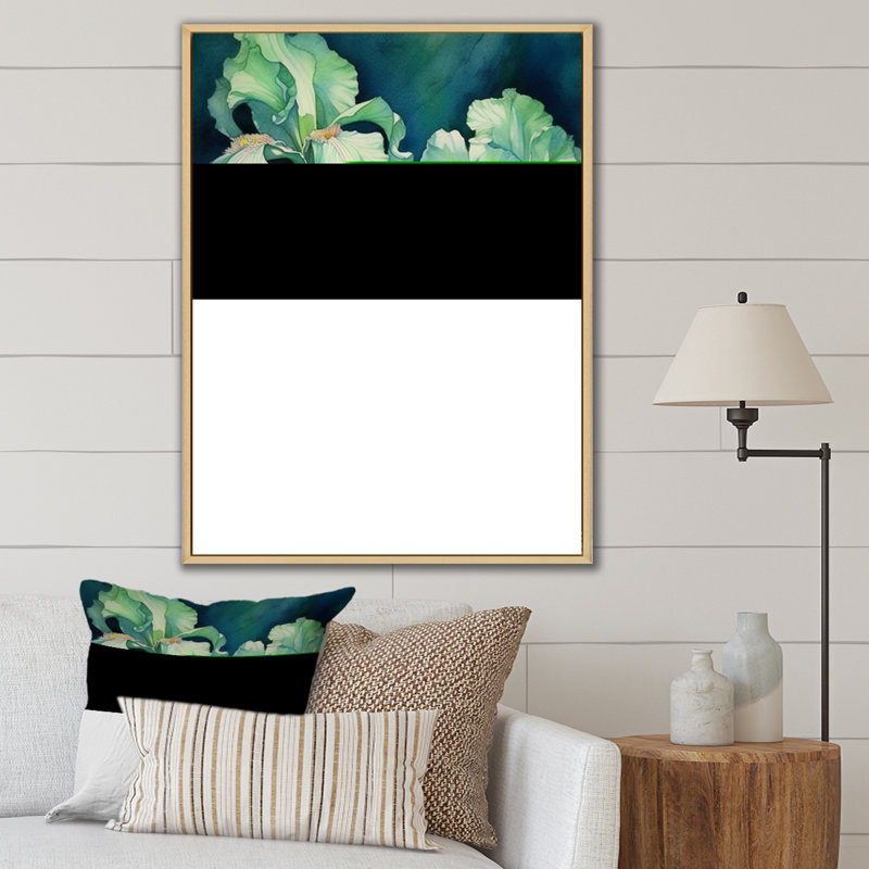 Pétale d'iris vert sur toile, H 20 po x l 12 po x P 1 po, Cadre naturel flottant