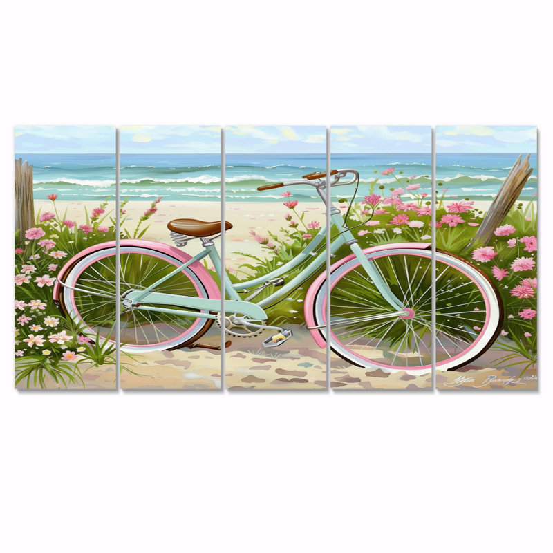 Vélo vert sur le sentier côtier floral I - ensemble de salon d'art mural côtier, H 32 po x l 80 po