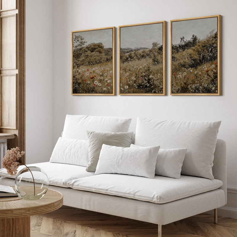 Wildflowers " Summer Wildflower Lush Floral Landscape Illustration Modern Decor Relax Calm Chic " 3 - Pieces, Naturel