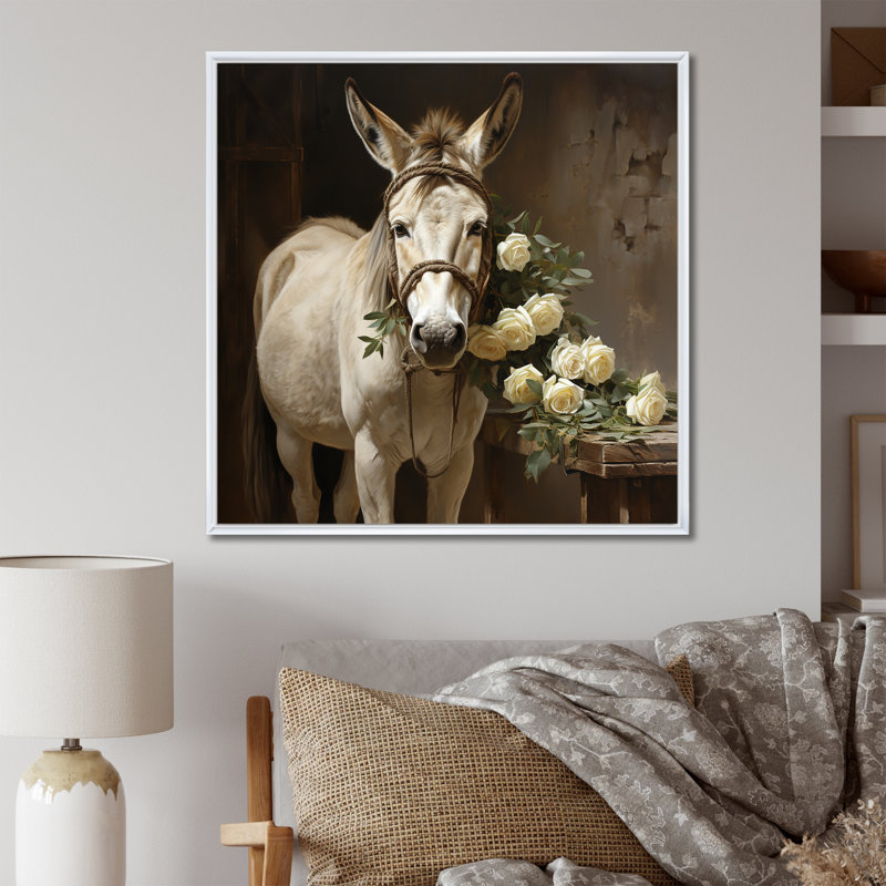 Farmhouse Donkey In Field II - âne, art mural, Cadre flottant blanc, H 30 po x l 30 po