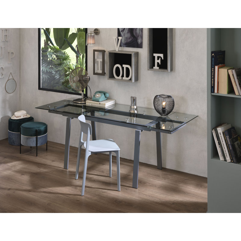 Brimmer Extendable Glass Top Metal Base Dining Table, Grey