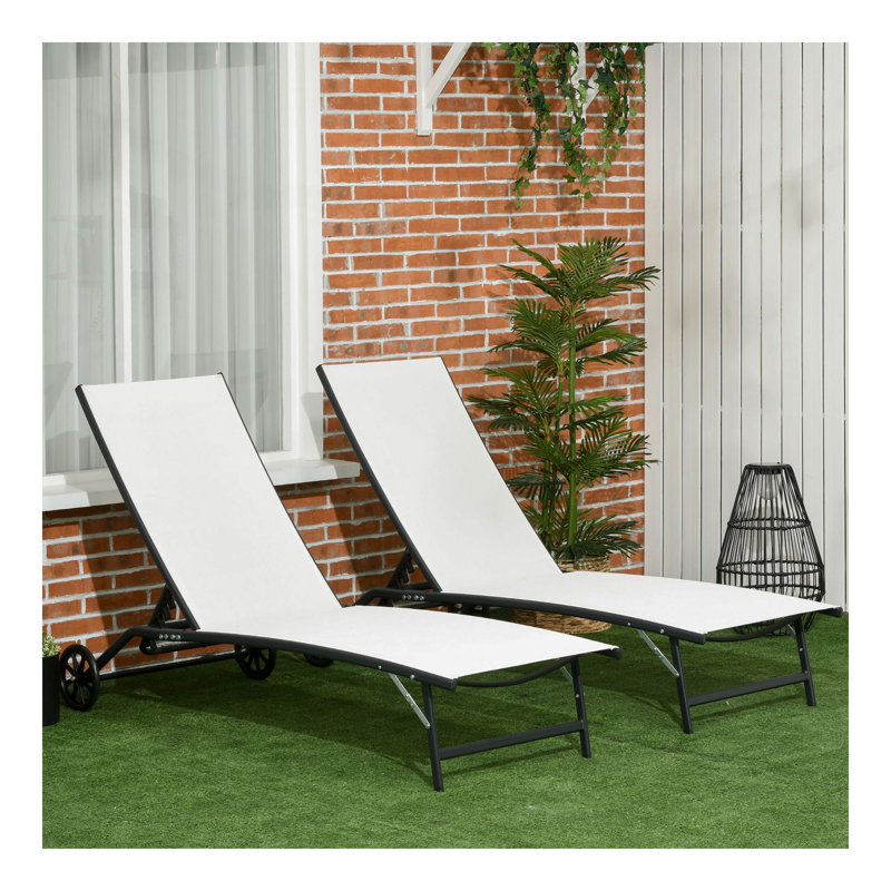 Chaise Lounge Outdoor, 2 Piece Lounge Chair With Wheels, Tanning Chair With 5 Adjustable Positions For Patio, Beach, Yard, Pool, Cream White