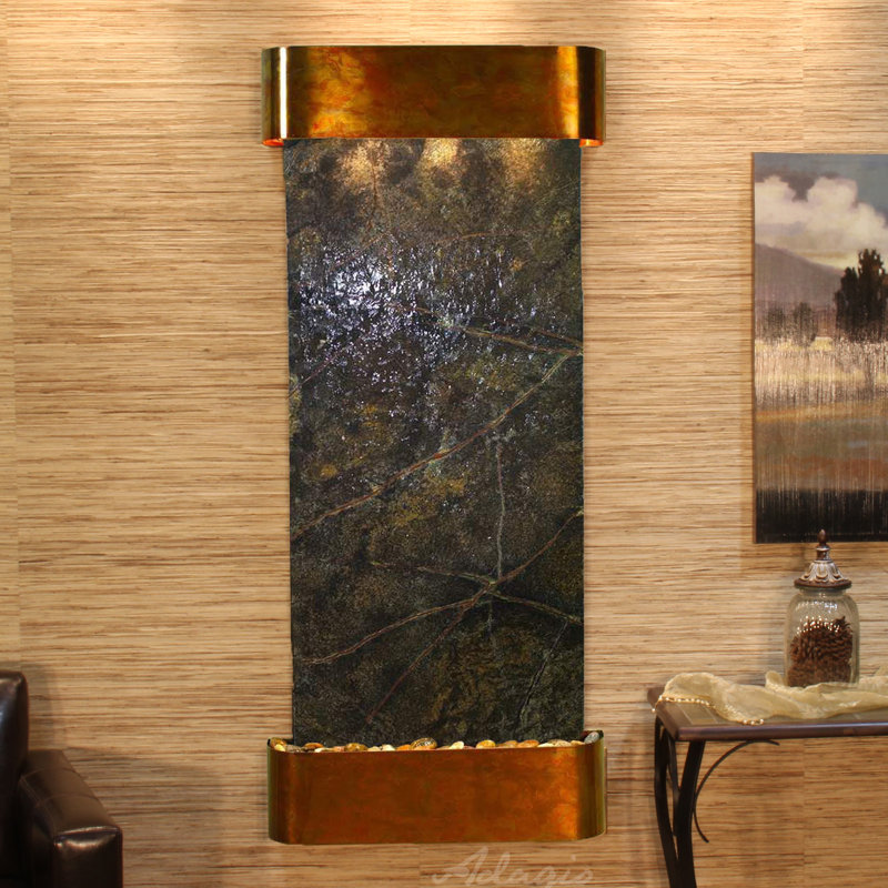 Inspiration Falls Natural Stone Fountain with Light, Rainforest Green Marble, Rustic Copper