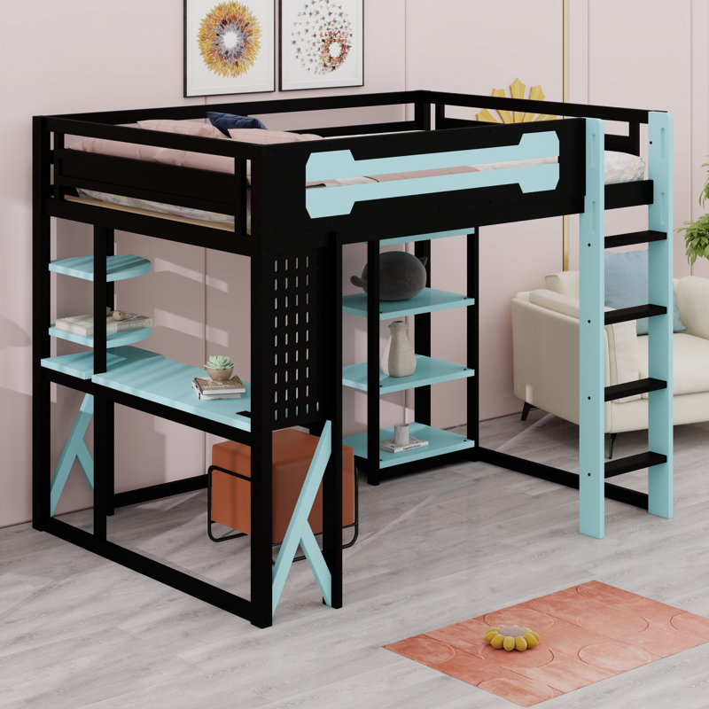 Lit mezzanine complet avec bureau, tablettes, Noir / Bleu