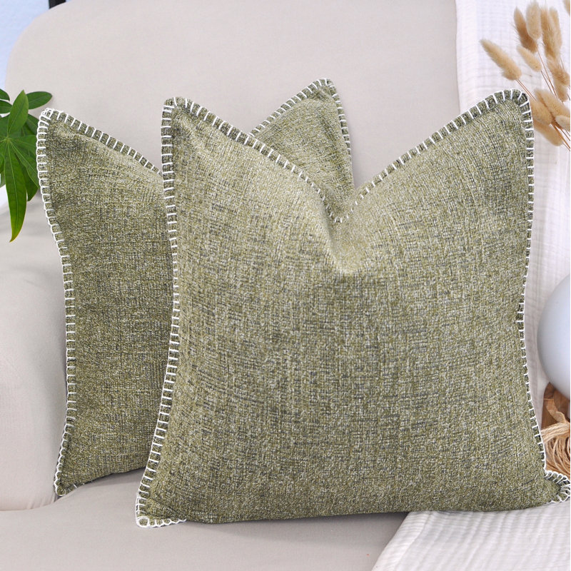 Olive Green Chenille Square Throw Pillow Covers with Stitched Edge, Set of 2