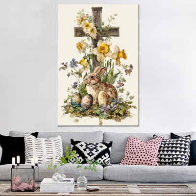 Art mural grand lapin de Pâques de Timuba - Lapin, Pâques, décoration murale avec œufs et fleurs printanières, peinture sur toile, œuvre d'art chrétienne et religieuse pour la décoration intérieure, 32 po x 48 po
