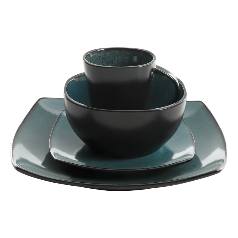 Teal and Black Square Porcelain Dinnerware Set, Service for 4