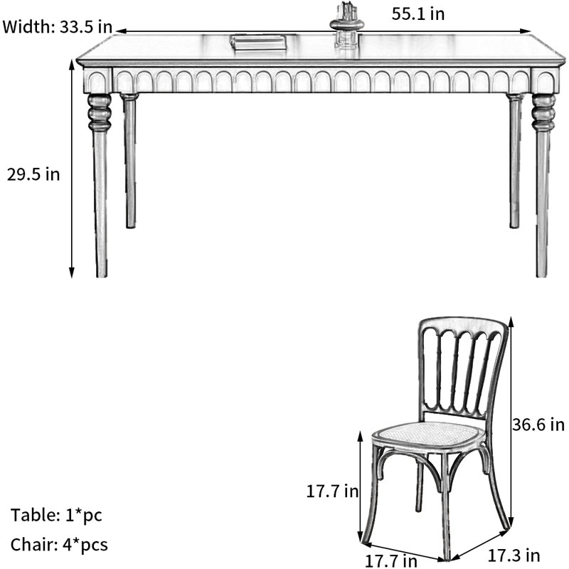Retro Black Rectangular Solid    Wood Dining Set, 29.5"H x 55.1"L x 33.5"W