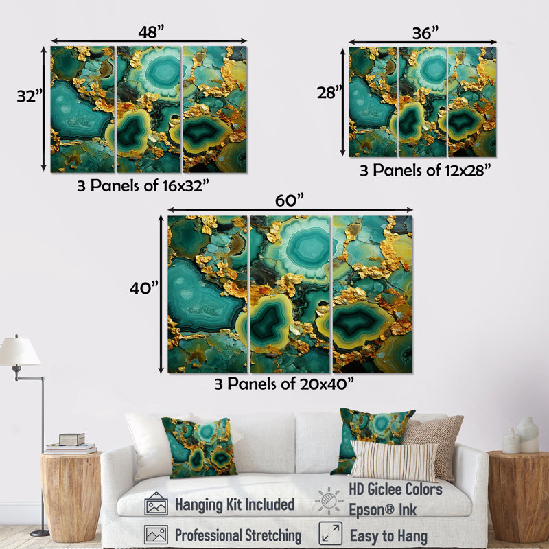 Amazonite dorée verte dorée - géode de pierre, art mural, Toile tendue, H 28 po x l 36 po x P 1 po