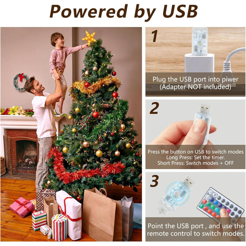 Christmas Tree Topper, 9" Lighted Christmas Tree Topper Star KBG LED 20 Light Modes Colour Changing USB Powered With Versatile Remote Controller For Xmas Decorations