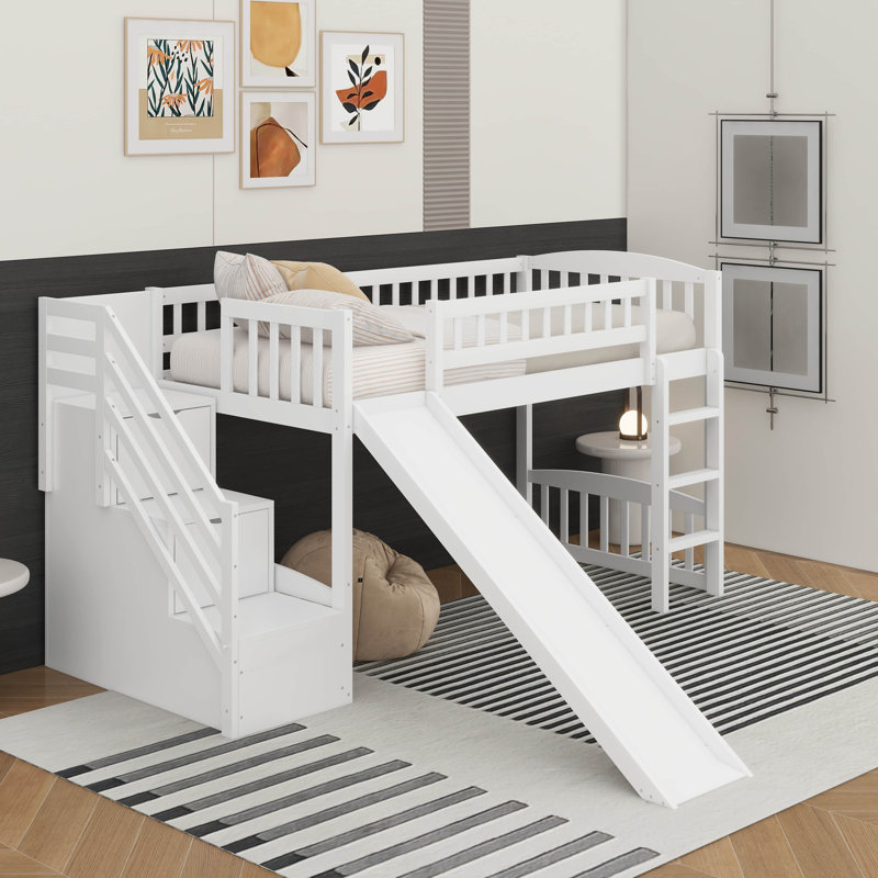 Stairway Twin Size Loft Bed With Slide, White