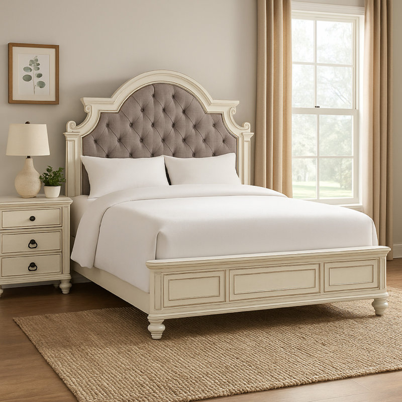 Base de lit tapissier Baylesford, Grand, Blanc antique / gris clair