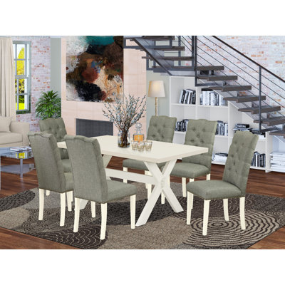 Ensemble de table de salle à manger 7 pièces composé d'une table de salle à manger rectangulaire avec pieds en X et 6 chaises rembourrées en tissu de lin gris, multicolore