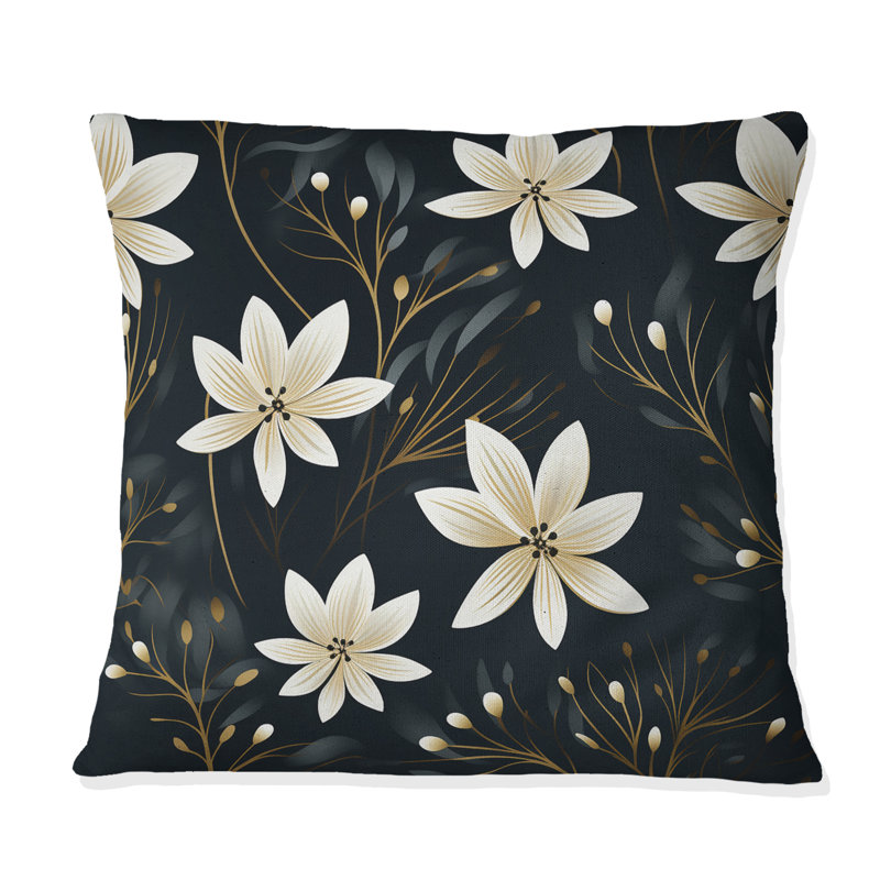 Coussin décoratif noir et ivoire à motif floral élégant I, H 16 po x l 16 po