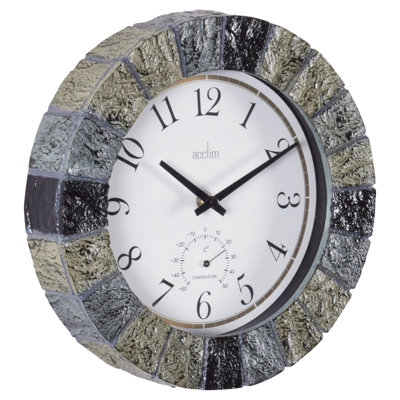 Acctim Bowfell Wall Clock Outdoor & Indoor Use Weatherproof Quartz Thermometer Slate 26cm