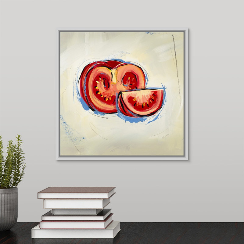 « picnic party iii », peinture sur toile, H 13,7 po x l 13,7 po x p 1,75 po, Cadre flottant blanc