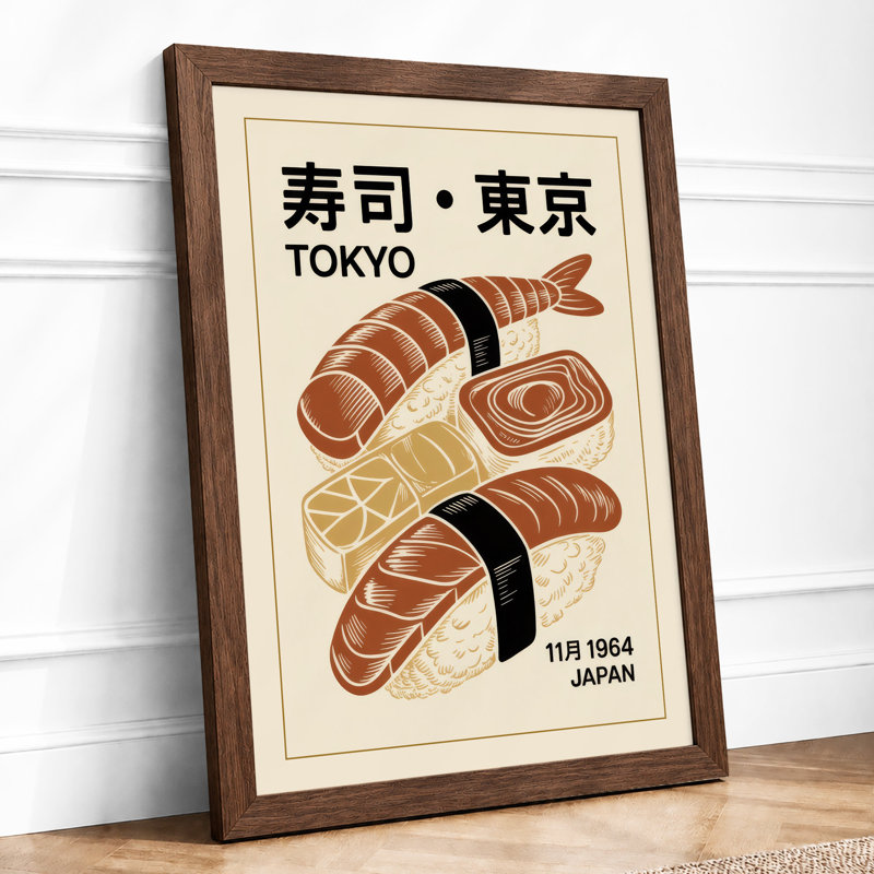 Tokyo Sushi Poster Retro - Framed Print, A3 - 42.0 x 29.7 cm, Walnut