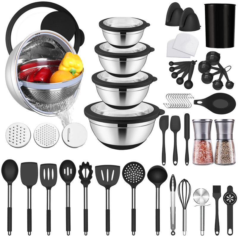 Ensemble d'ustensiles de cuisine 32 pièces en acier inoxydable avec bol à mélanger 5 pièces avec couvercles 32 pièces, Noir