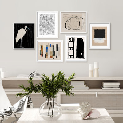 6-Piece Modern Abstract & Crane Wall Art Set – Scandinavian-Inspired Minimalist Framed Prints in Neutral Tones