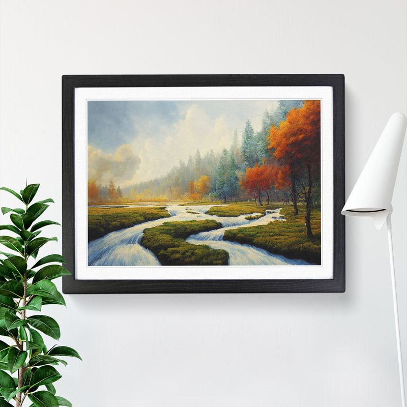 Autumn River Forest - Single Picture Frame Print, 46cm H x 64cm W x 2cm D, Black Framed