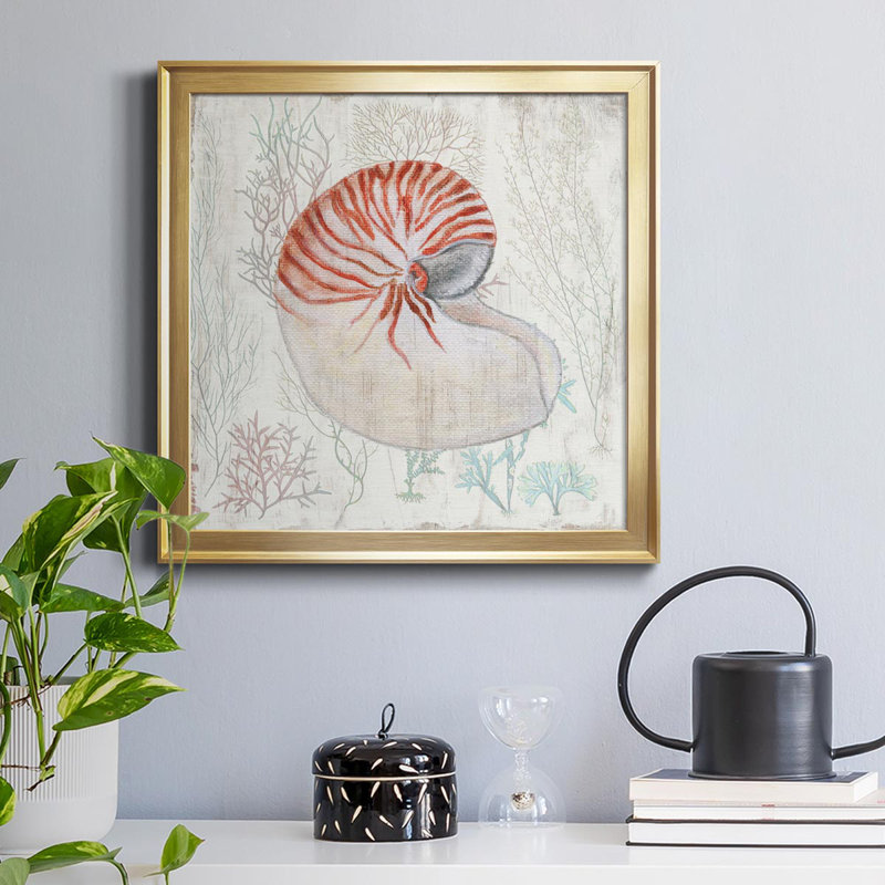 Corail et coquille I - peinture sur toile encadrée, Or, H 17,5 po x l 17,5 po x P 1,5 po