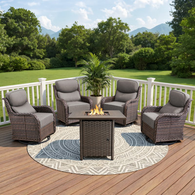 4 - Person Patio Furniture Chair Set With Fire Pit Table, 4 Swivel Glider Chairs With 6-Inch Cushions