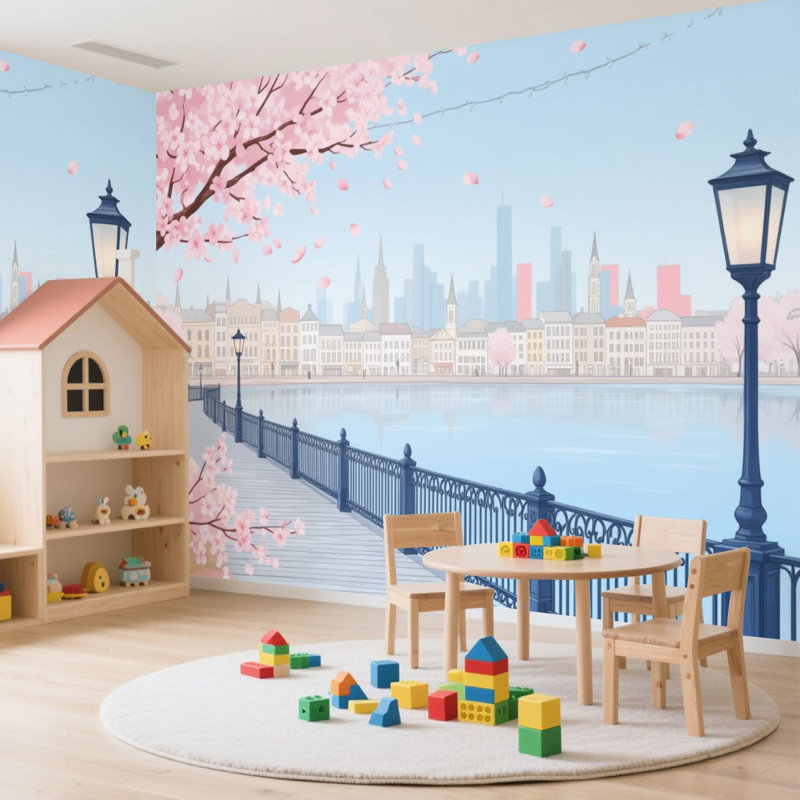 Papier peint adhésif auto-adhésif moderne pour la chambre à coucher Cherry Blossom Pier City Skyline Pastel