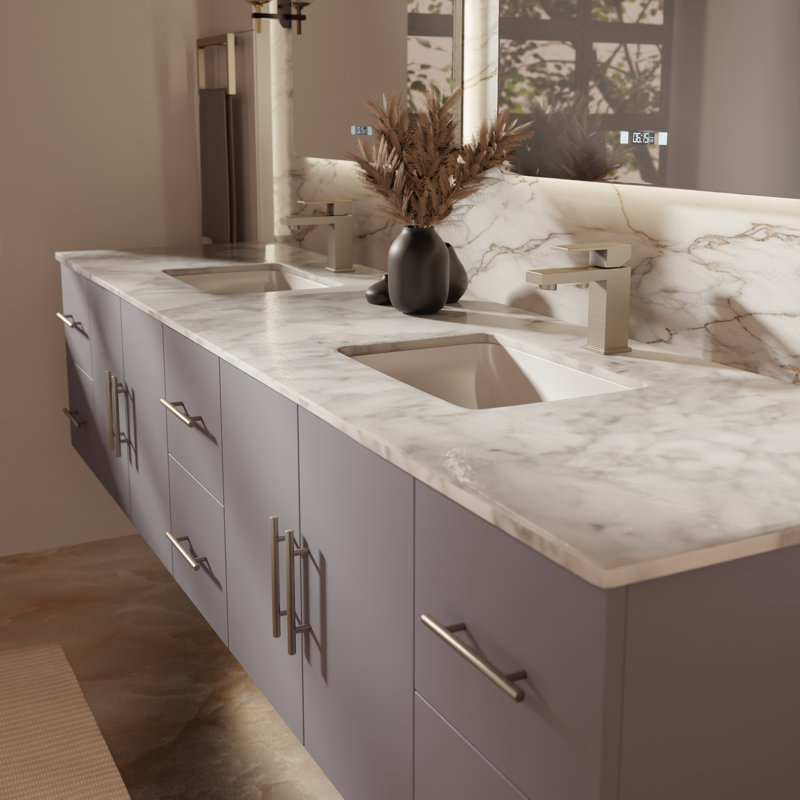 Ensemble de meuble-lavabo double mural 84 "avec miroir Geneva, Gris foncé, Marbre de Carrare blanc