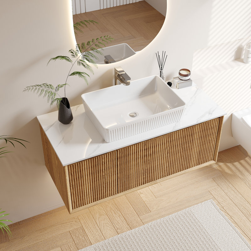 Modern 35.4" Single Bathroom Vanities,Floating Vanitiy with White Table top, Solid Wood Cabinet, Pre-Assembled, White, Brown