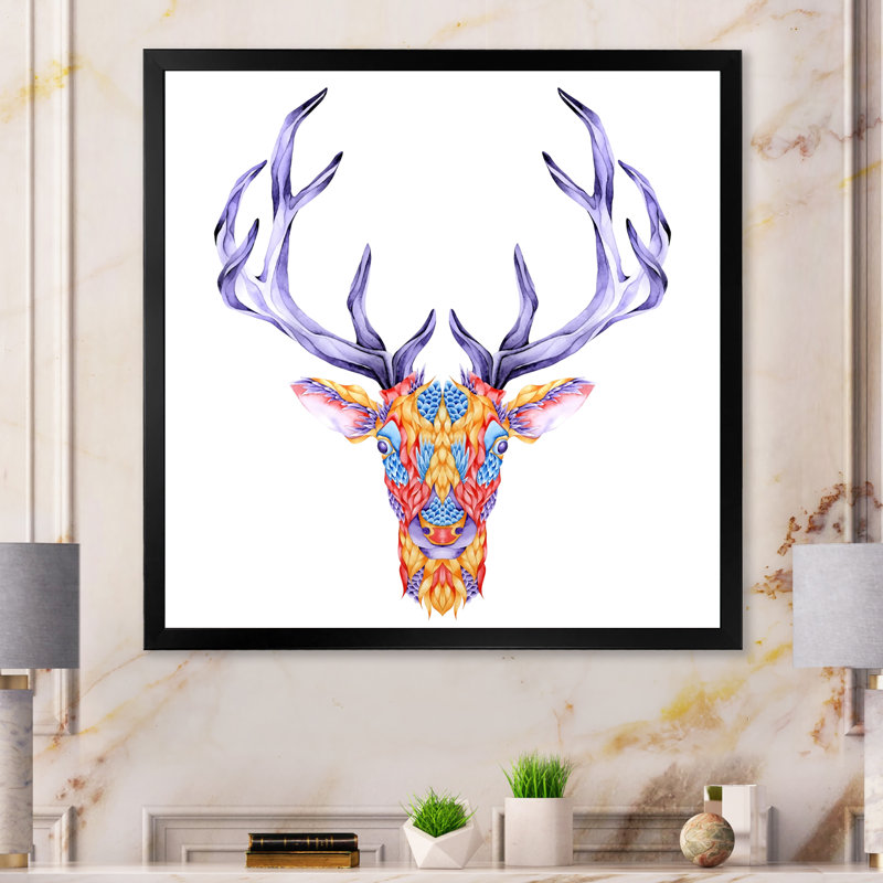 Tête de cerf multicolore, Impression noire sur toile encadrée, H 16 po x l 16 po x P 1 po