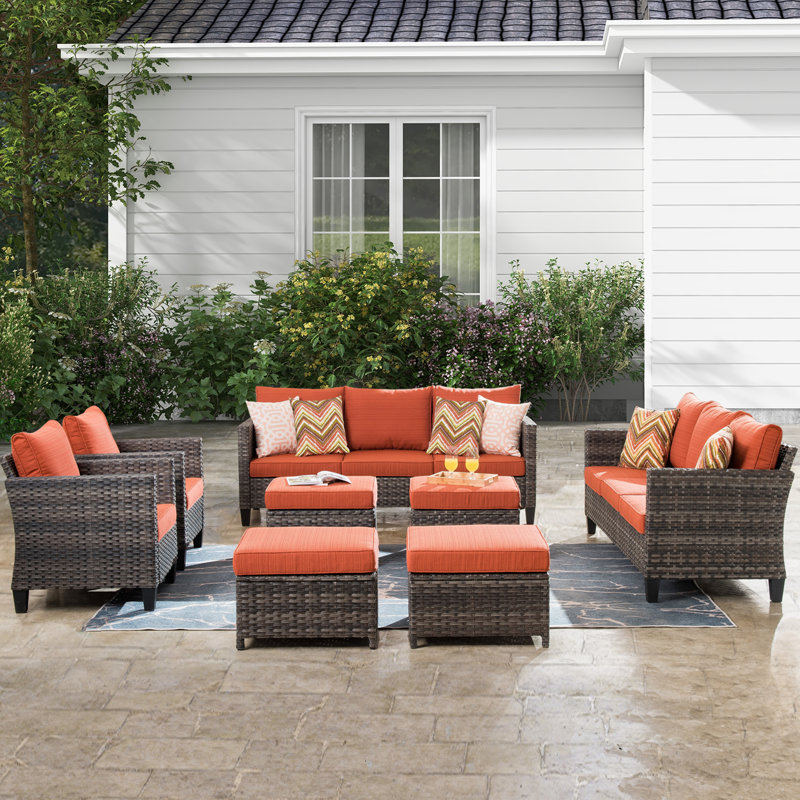8 - Person Patio Conversation Set with Cushions, Orange Red