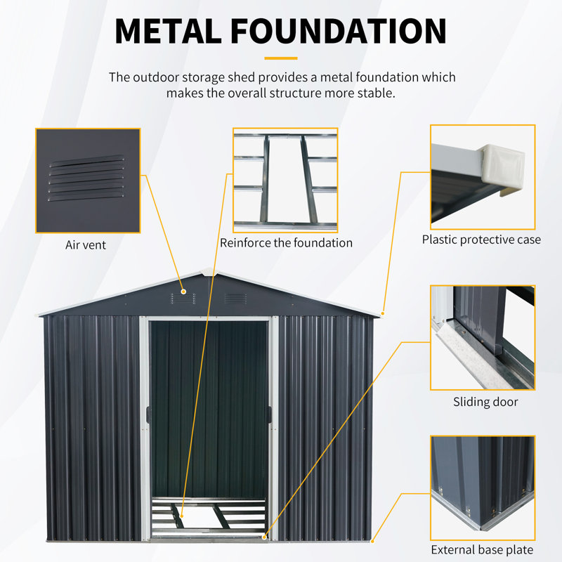 Remise de rangement extérieure noire en métal 8 pi x 6 pi avec base en métal robuste