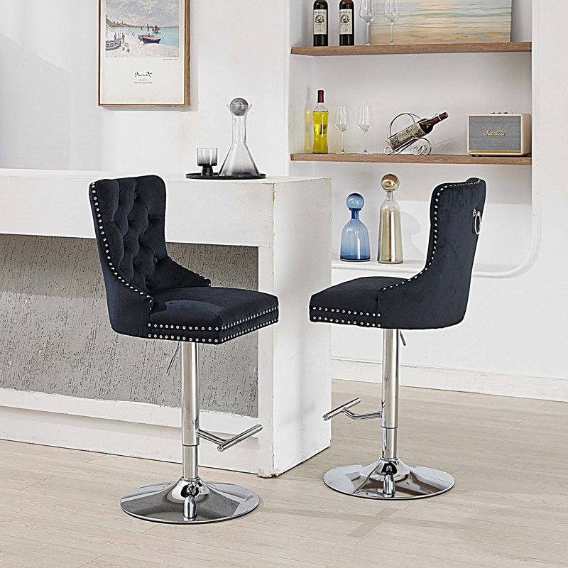 Baldock 2PC Swivel Adjustable Height Barstools,Modern Upholstered Stools with Tufted Back, Black/Chrome 