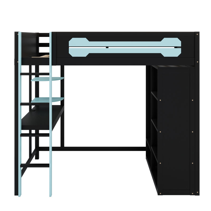 Structure de lit contemporaine avec bureau et garde-robe combinés, rehaussée par une atmosphère à DEL programmable, Bleu