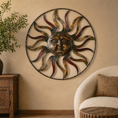 Brown Metal Indoor Outdoor Sun Wall Decor with Colorful Painted Accents