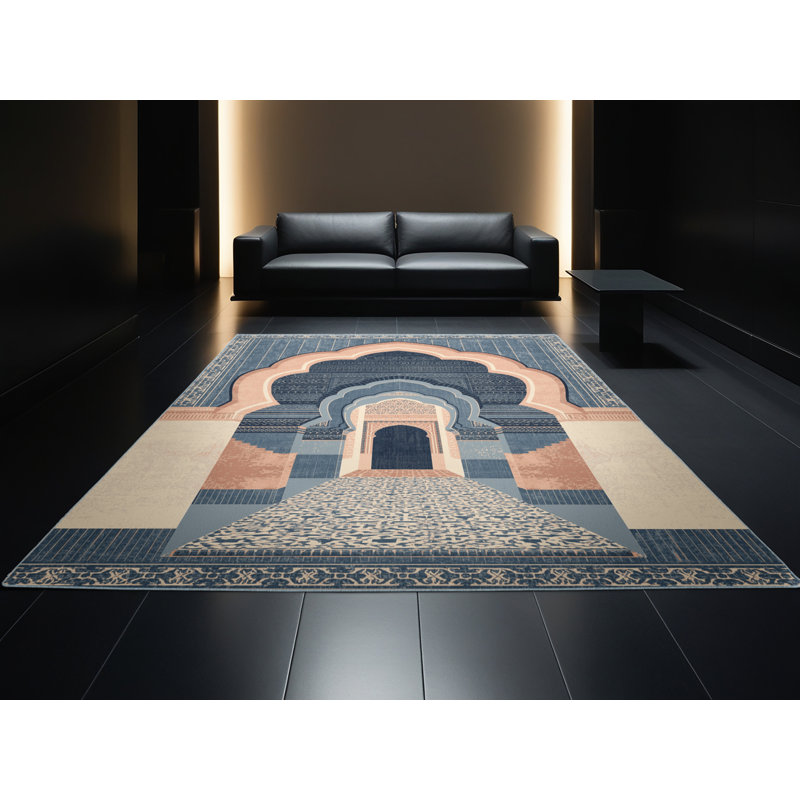 Machine Washable Orsolya Marrakech Medina Bohemian Block Print Rug in Gray – SkyBlue Binding, 2x3