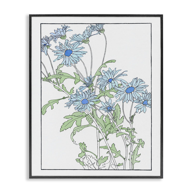 «Blue Daisies», dessin par CAD Designs, H 14 po x l 11 po, Giclée encadrée noir minuit