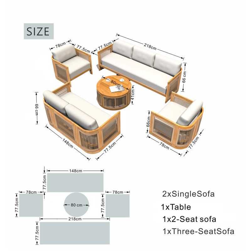 Solid Acacia 5-Seat Sofa Set With Round Coffee Table